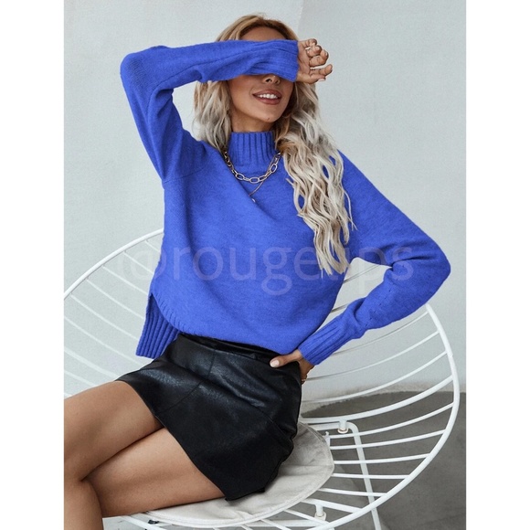 Royal Blue Knit Turtleneck Pullover Sweater Long Sleeve Side Slits - Picture 7 of 10